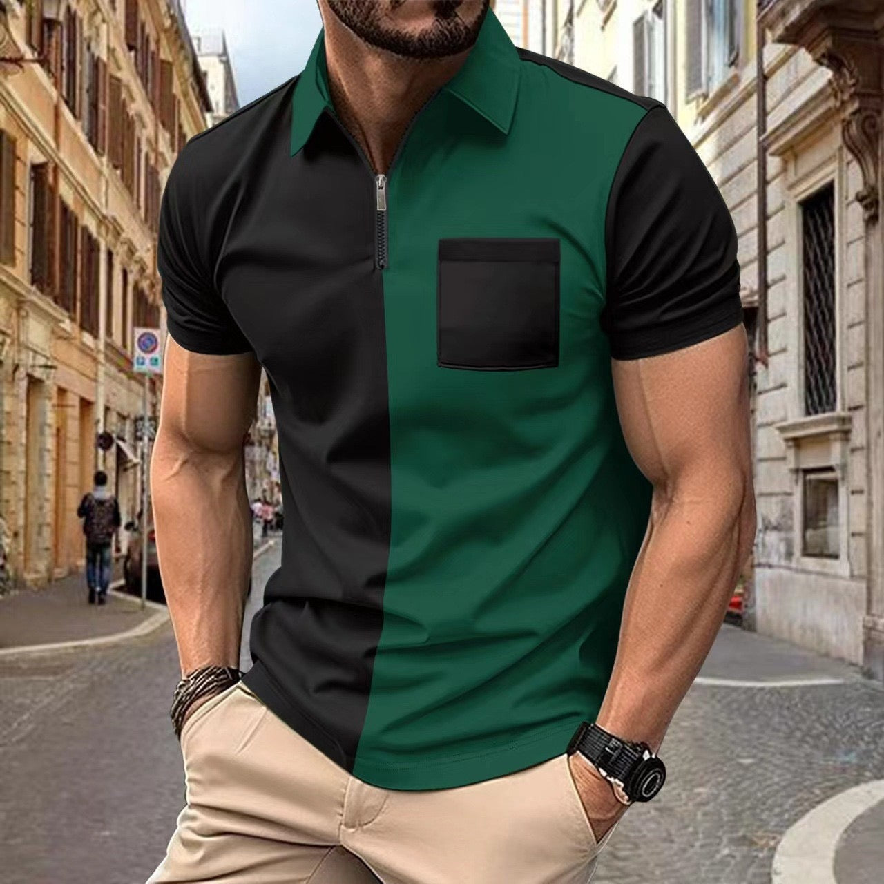 Men’s Color Block Polo Shirt with Zipper Collar