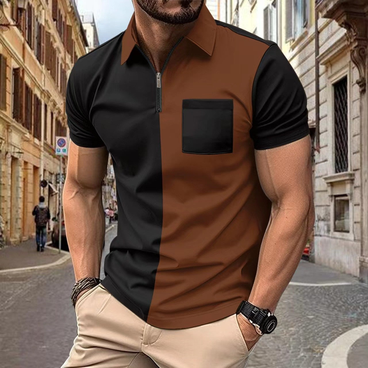 Men’s Color Block Polo Shirt with Zipper Collar