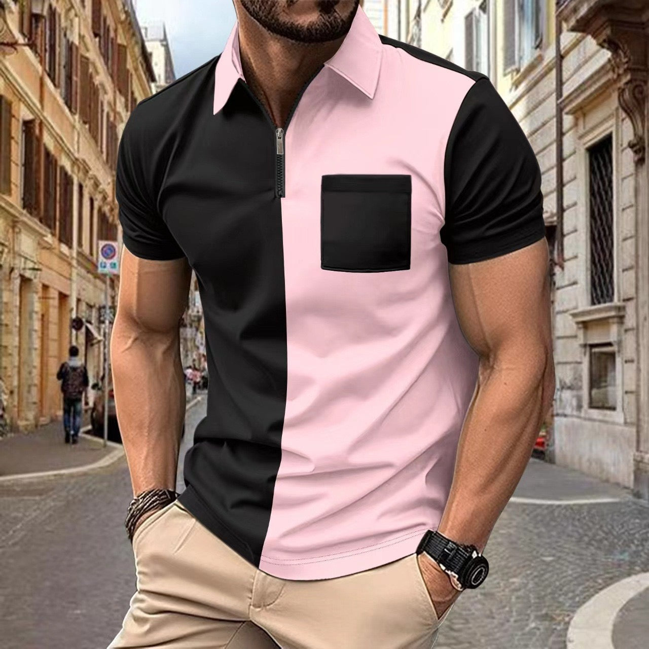 Men’s Color Block Polo Shirt with Zipper Collar