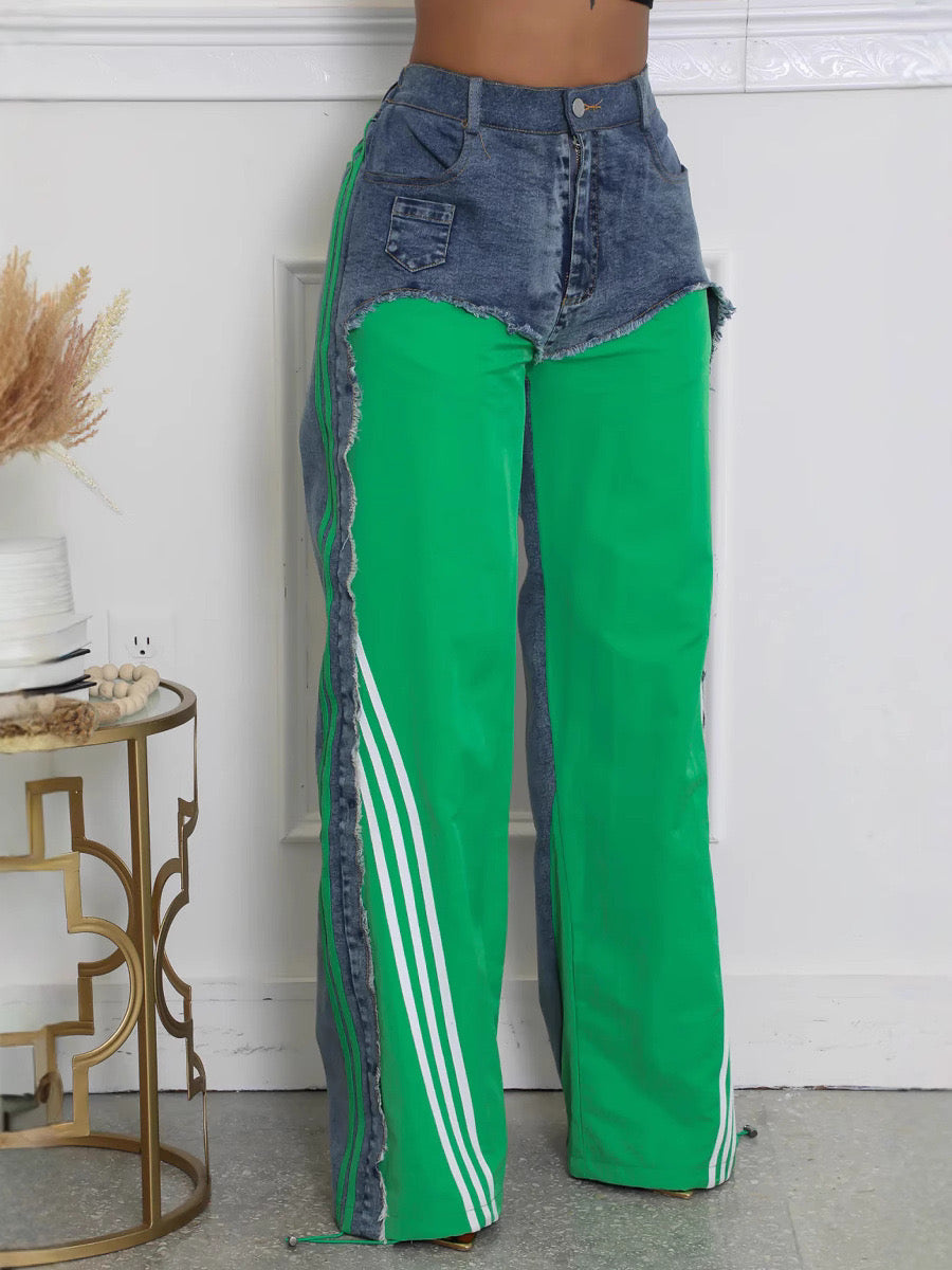 Denim Contrast Wide Leg Jogger Pants – Streetwear Patchwork Trousers