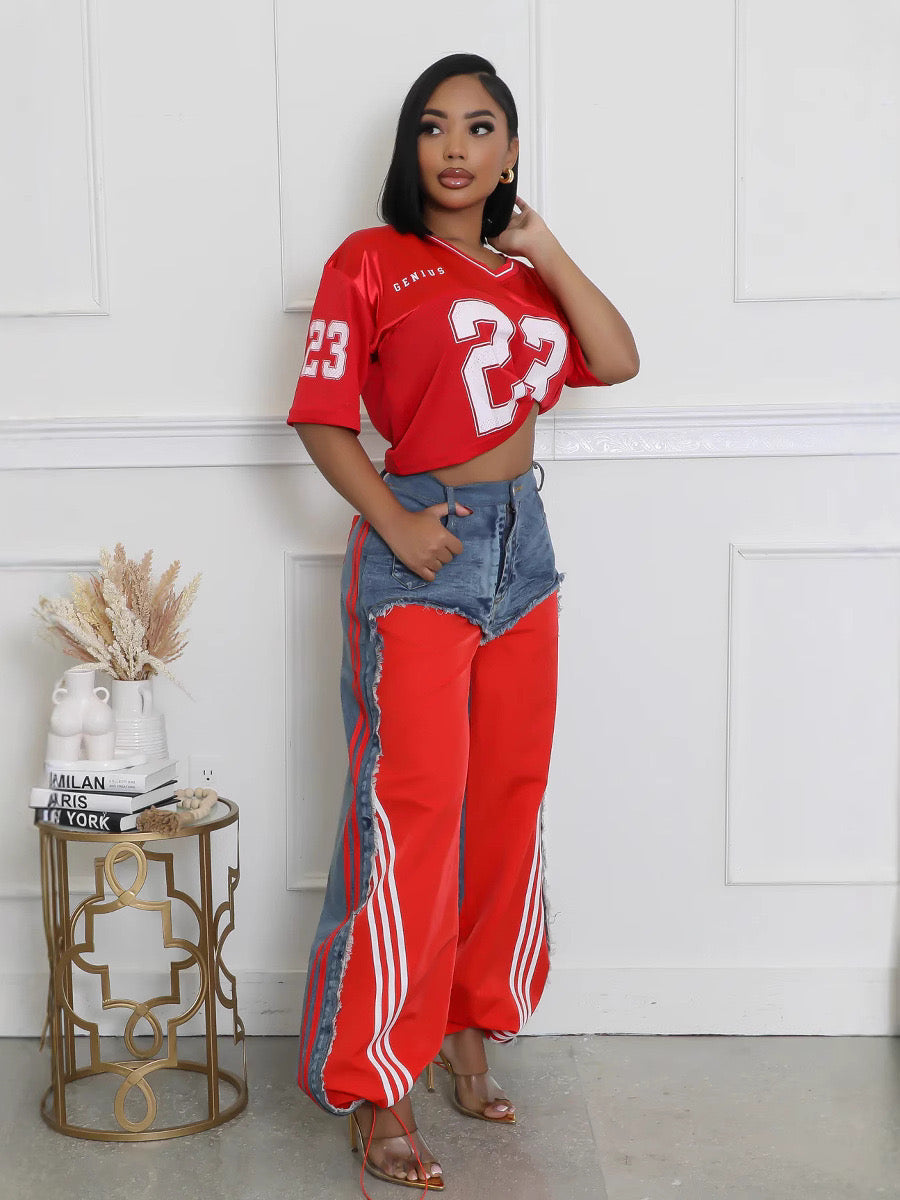 Denim Contrast Wide Leg Jogger Pants – Streetwear Patchwork Trousers