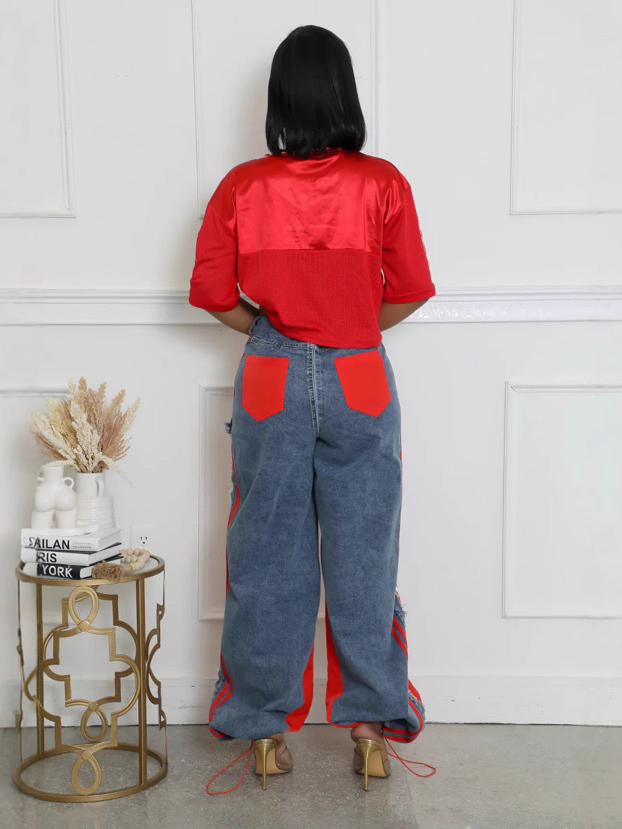 Denim Contrast Wide Leg Jogger Pants – Streetwear Patchwork Trousers