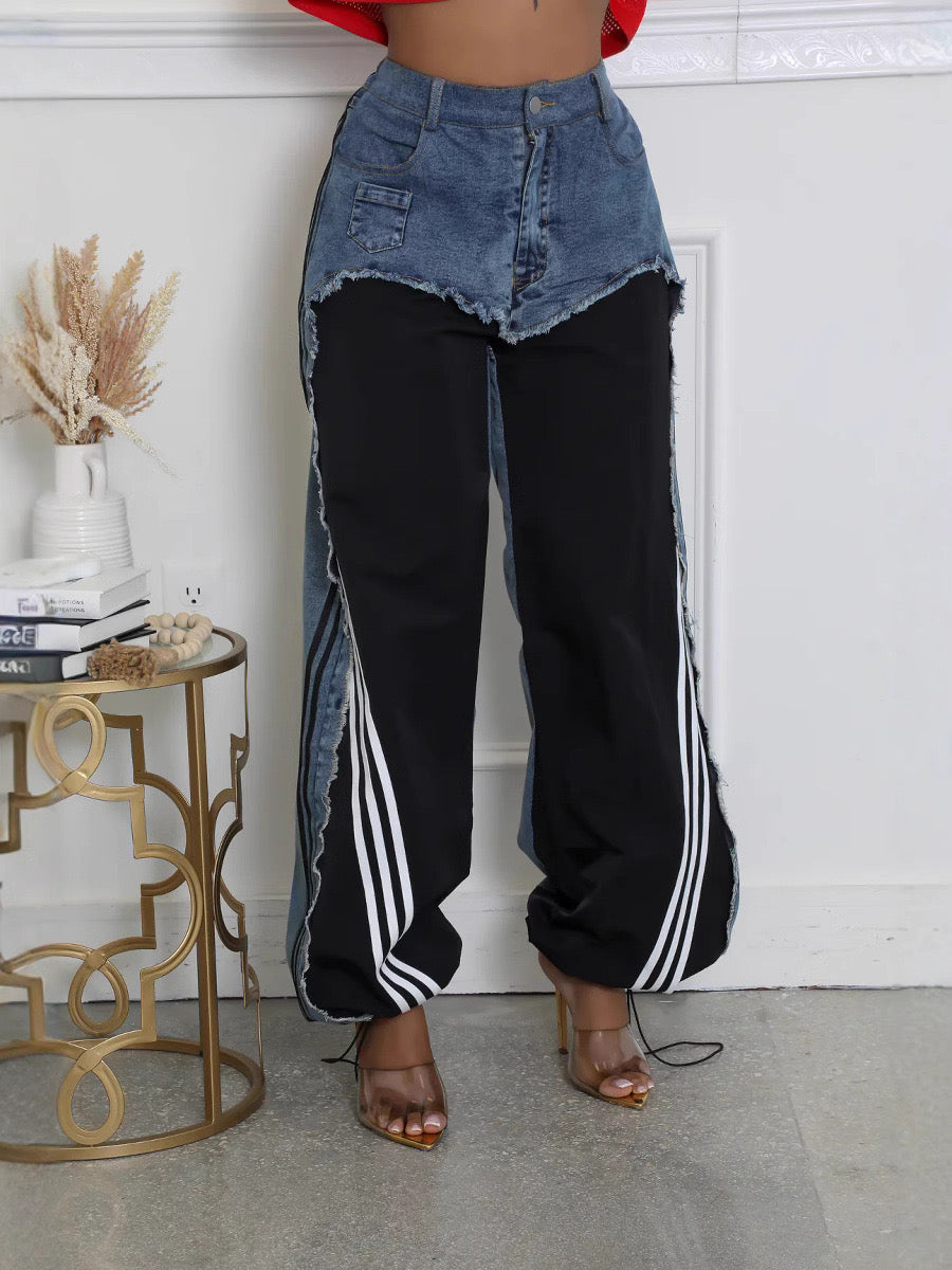 Denim Contrast Wide Leg Jogger Pants – Streetwear Patchwork Trousers