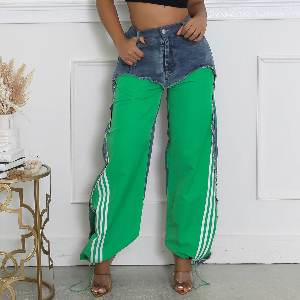 Denim Contrast Wide Leg Jogger Pants – Streetwear Patchwork Trousers