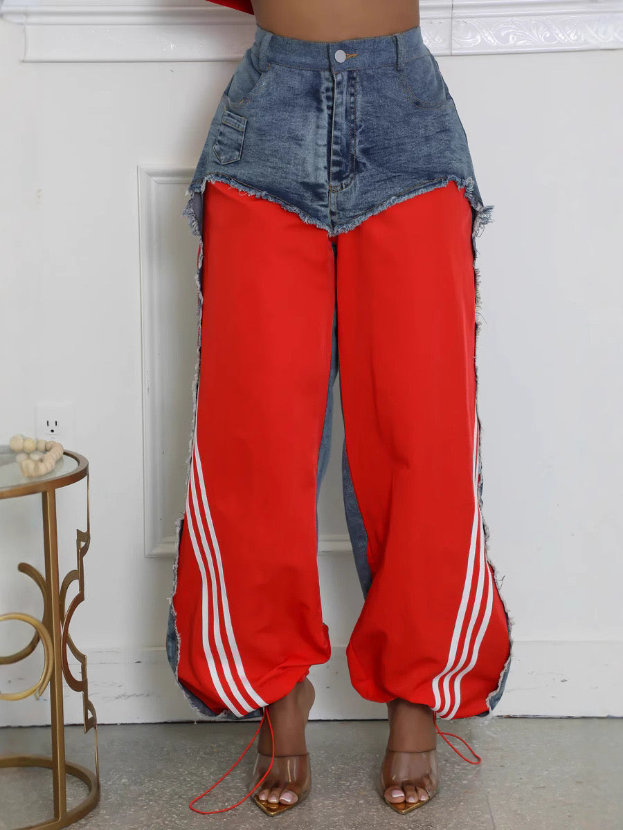 Denim Contrast Wide Leg Jogger Pants – Streetwear Patchwork Trousers