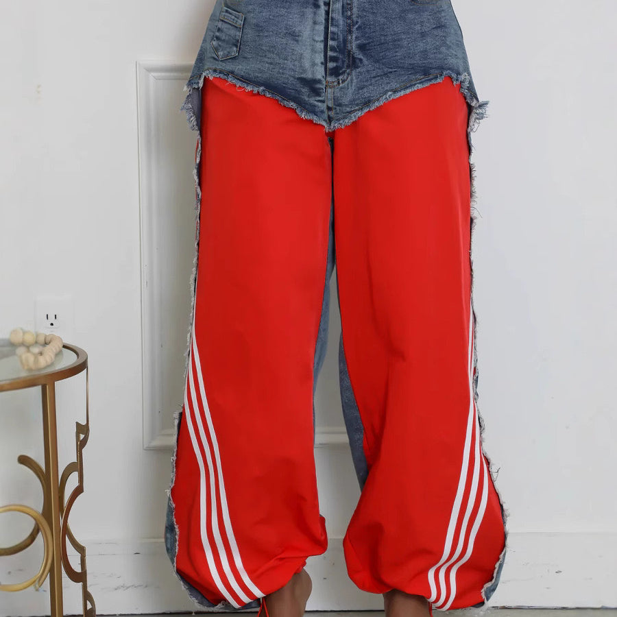 Denim Contrast Wide Leg Jogger Pants – Streetwear Patchwork Trousers