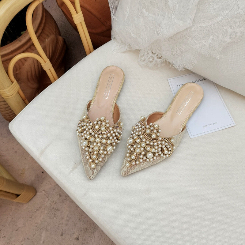 Pearl Embellished Pointed-Toe Mules