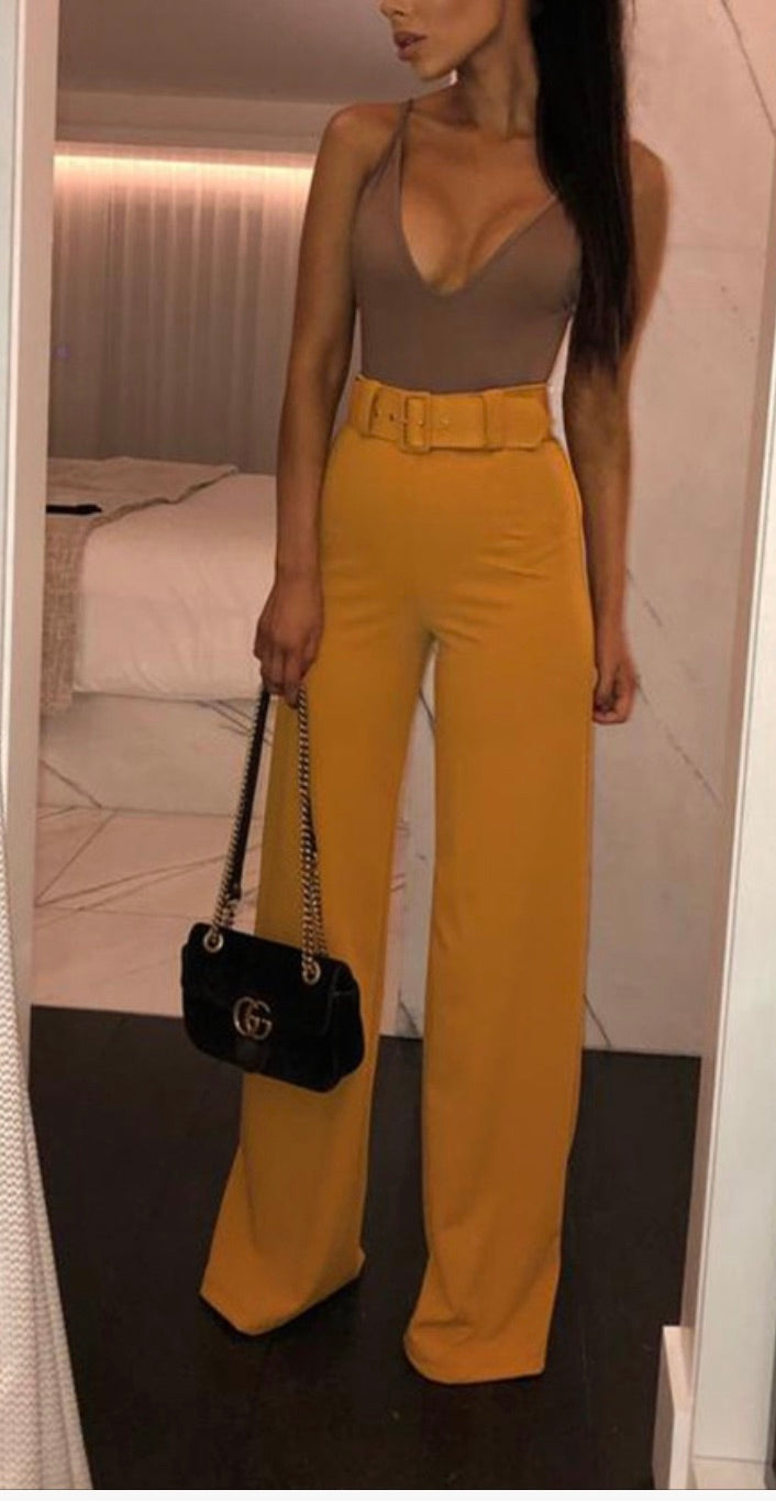 Casual Simple High Waist Wide Leg Pants With Belt.
