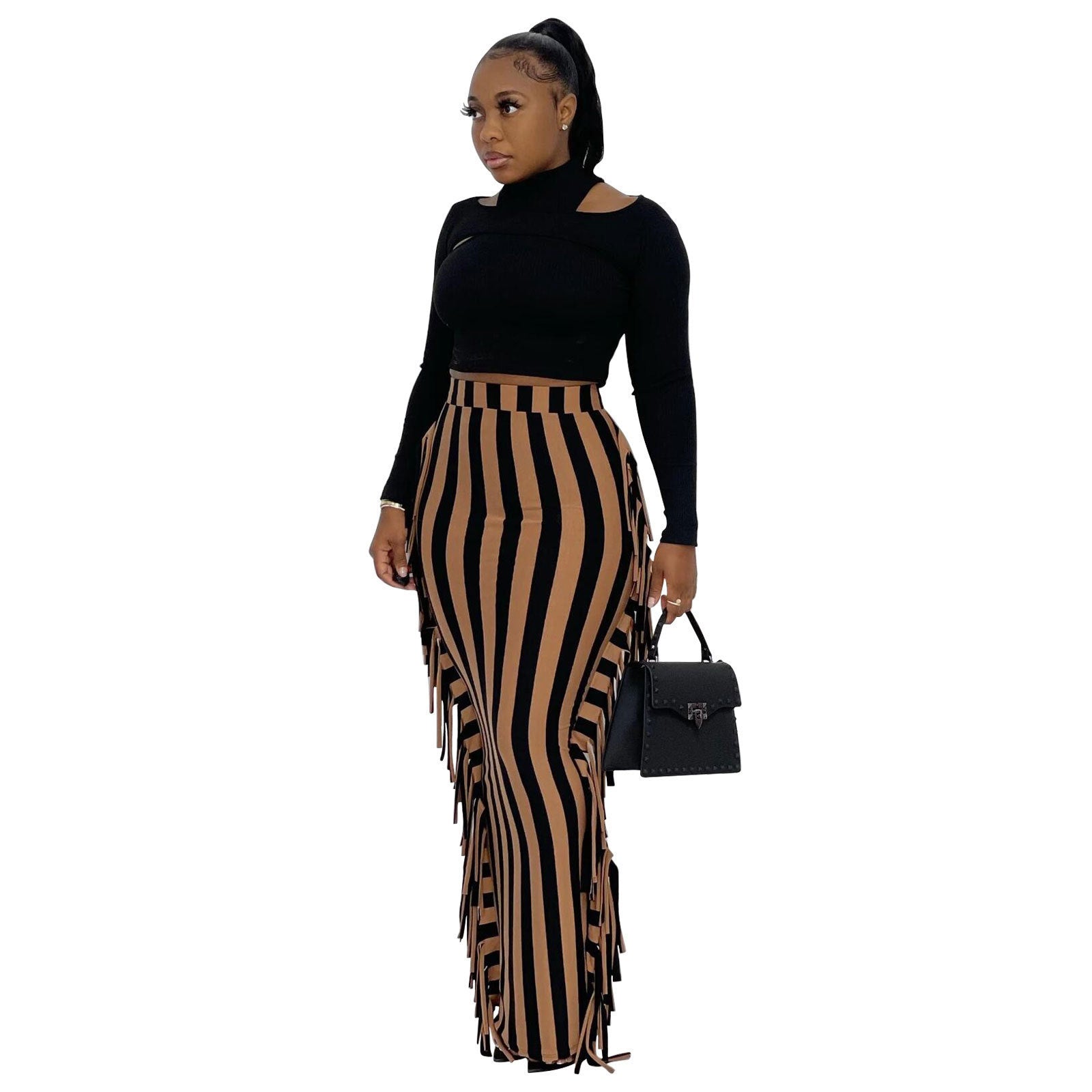 Stripe Fringe Maxi Skirts