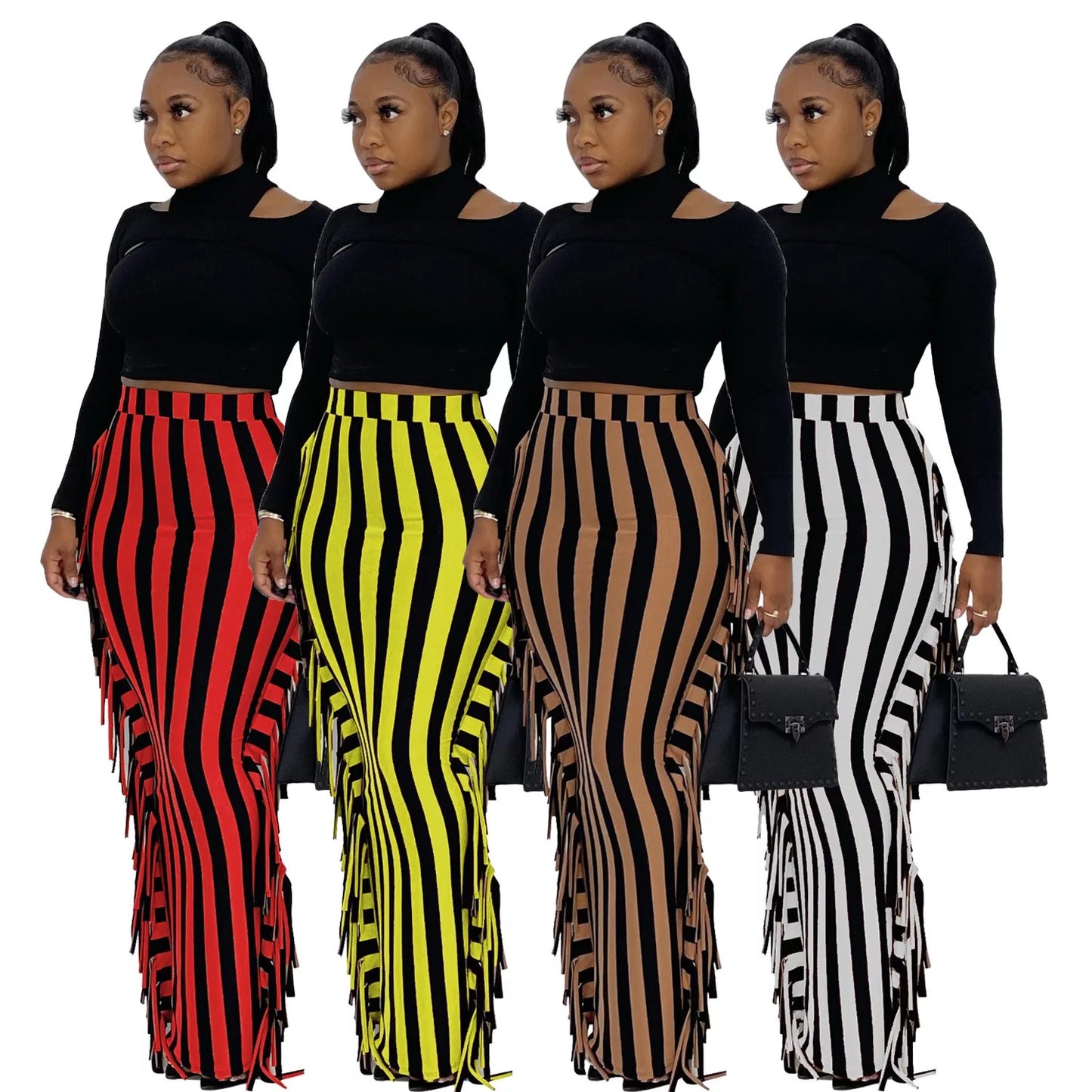 Stripe Fringe Maxi Skirts