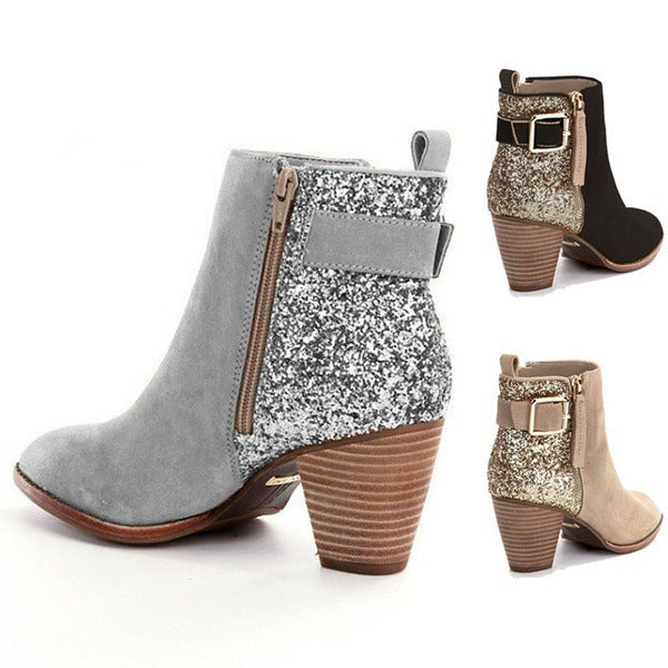 Women's Cuban Heel Glitter Round Toe Booties